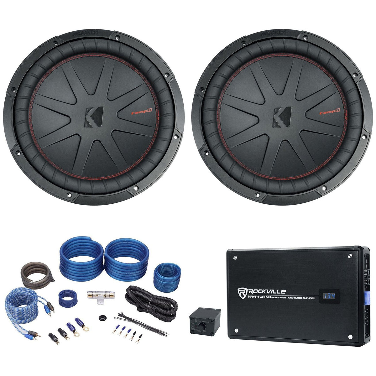 (2) 48CWR124 COMPR12 12" 2000 Watt Car Subwoofers+Mono Amplifier+Amp Kit