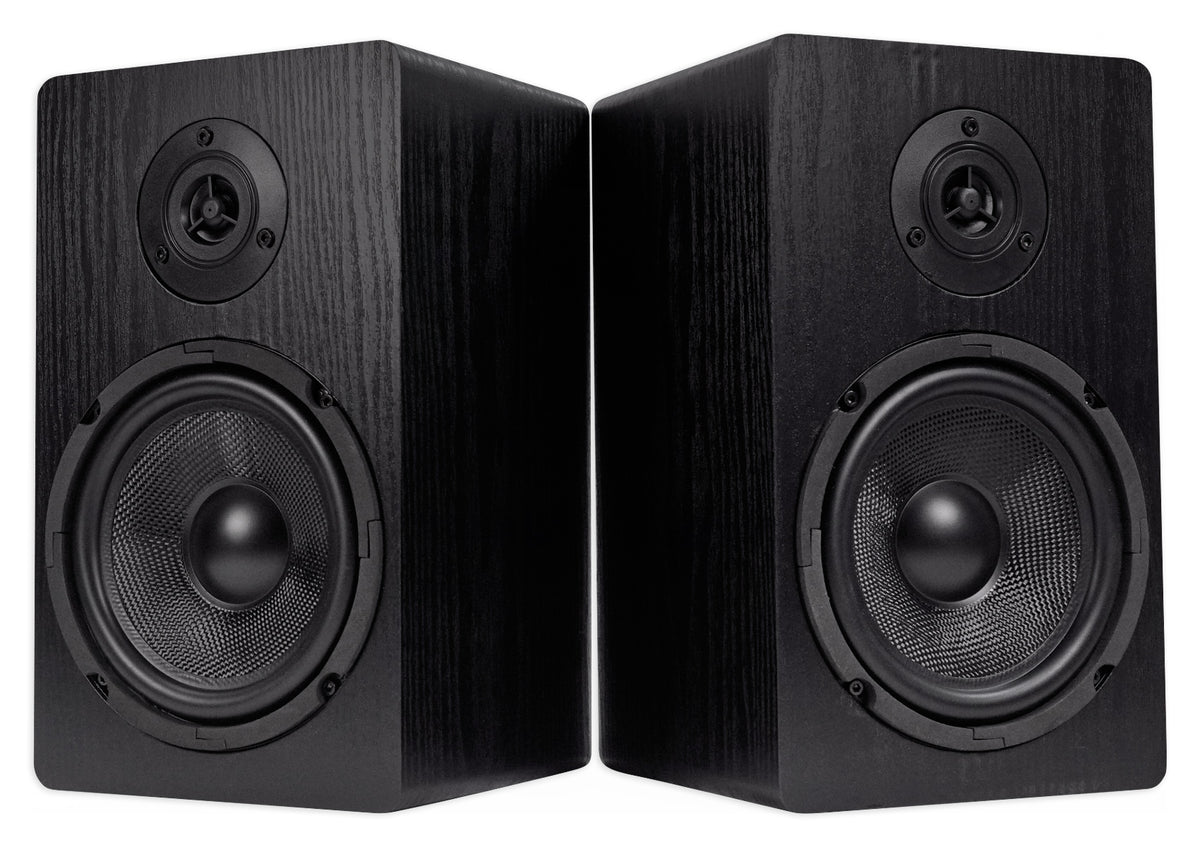 RockShelf 64B Black 6.5" Home Bookshelf Speakers+8 inch Wood Stands