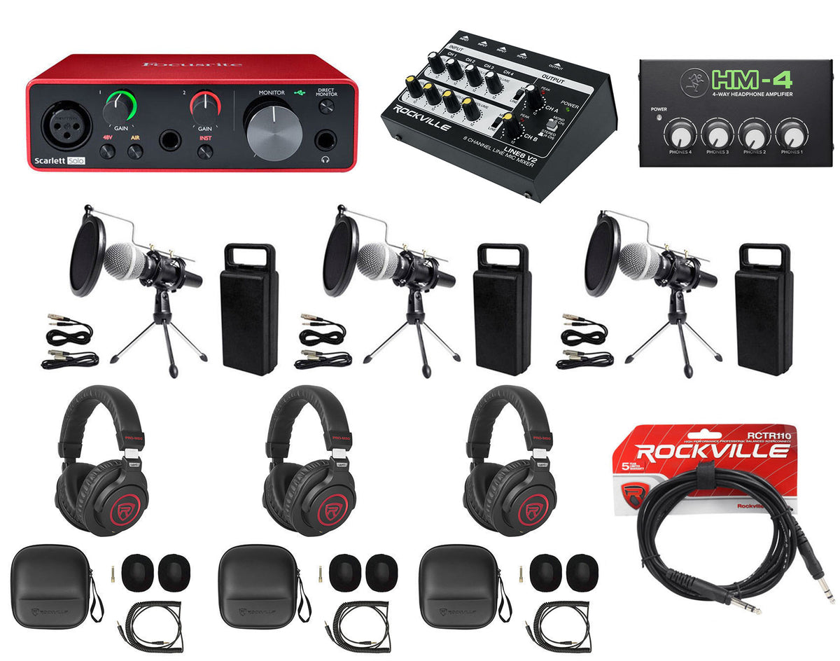 3-Person Podcast Podcasting Recording Kit w/Mics+Stands+Headphones