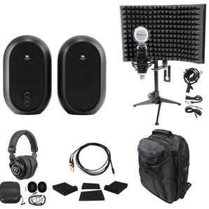 (2) JBL One Series 104 Studio Monitors+Pads+Headphones+Mic+Stand+Shield+Backpack