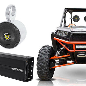 2) Kicker 5.25" Polished Metal Tower Speakers+Kicker Amp for Polaris RZR/ATV/UTV