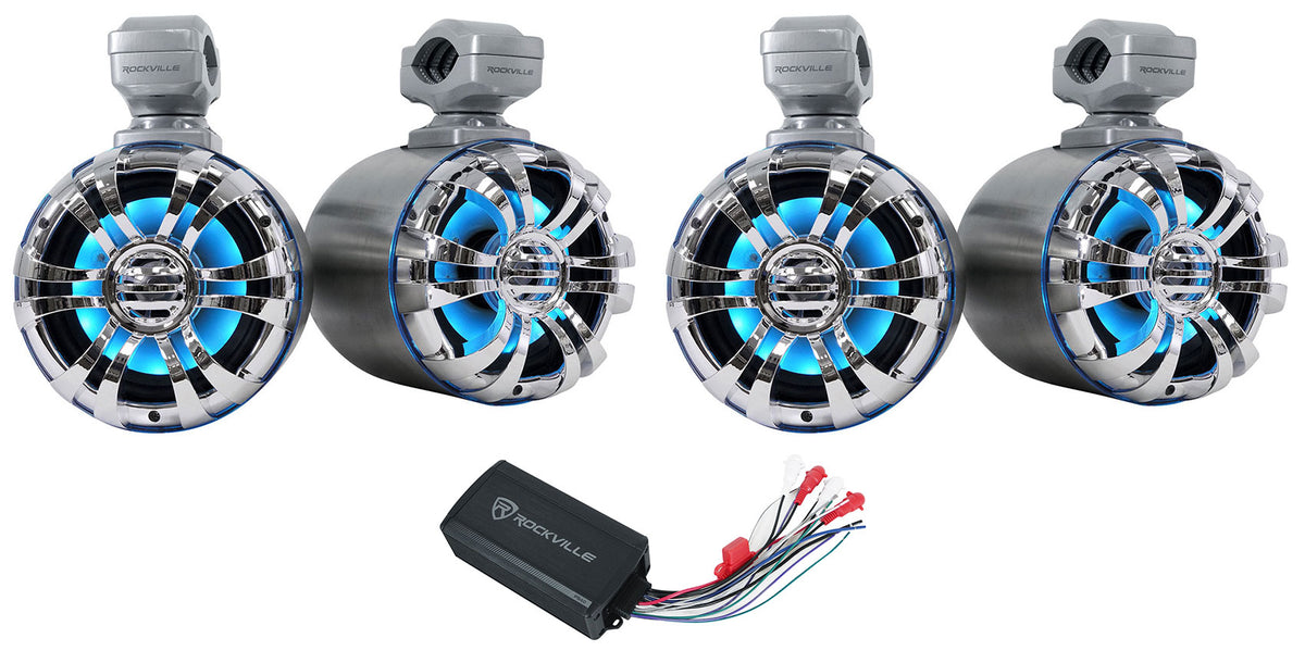 (4) 5.25" LED Silver Tower Speakers and PS40 Bluetooth Amp For ATV/UTV/RZR