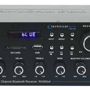 Technical Pro RX400X4 4 Channel 8 Speaker Bluetooth Home Receiver+Mic Inputs