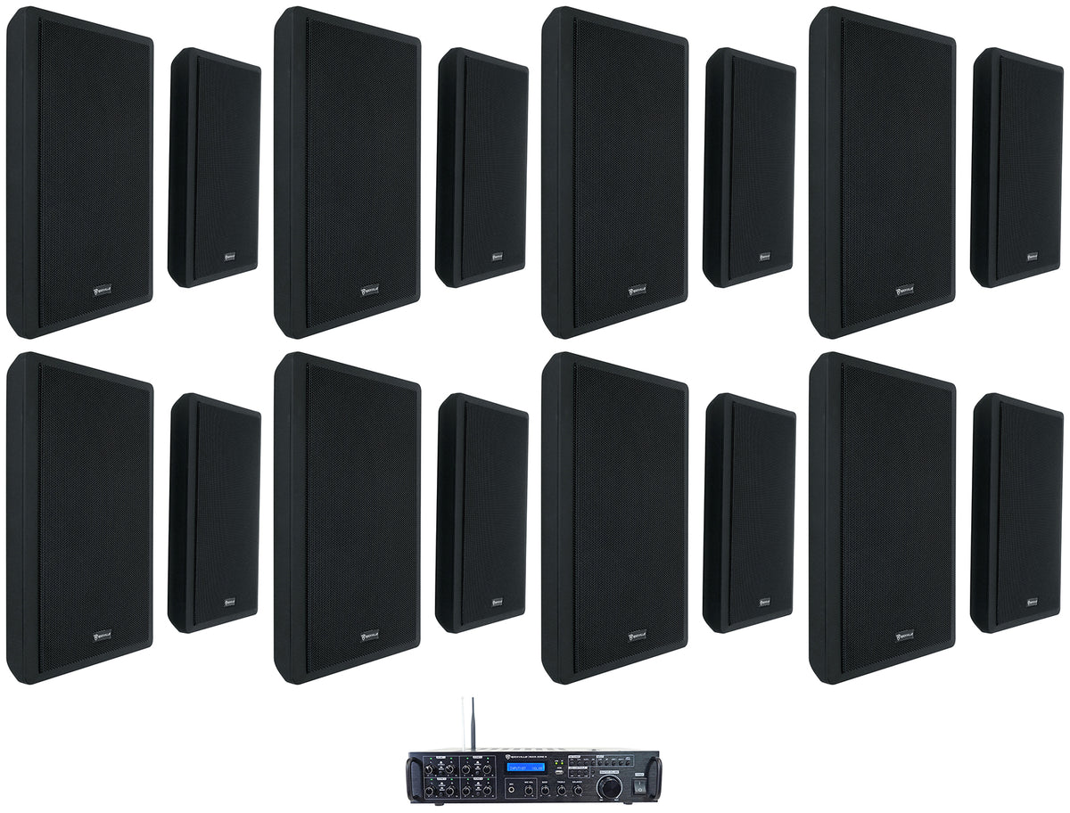 Rock Zone 8 Ch. Receiver+(16) Black Slim Wall Speakers For Restaurant
