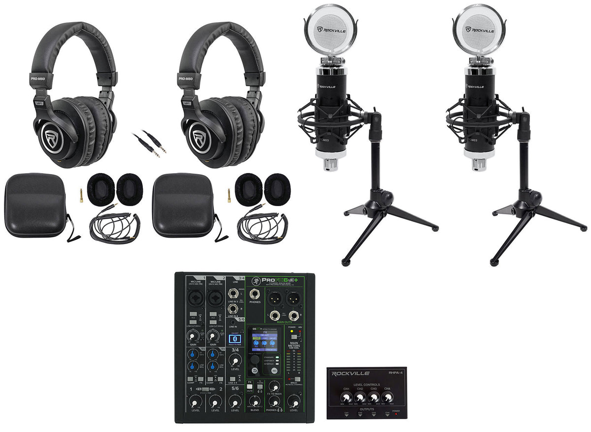 2-Person Podcast Recording Kit w/Mackie ProFX6v3+ Mixer + Desk Stands