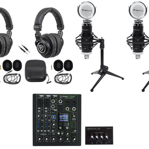 2-Person Podcast Podcasting Recording Kit w/Mackie ProFX6 v3+ Mixer+Desk Stands