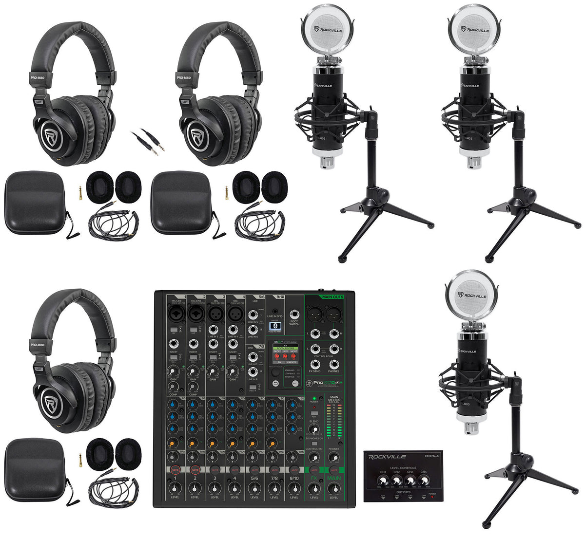 3-Person Podcast Recording Kit with ProFX10v3+ Mixer and Desk Stands