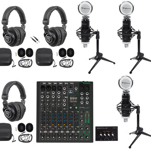3-Person Podcast Podcasting Recording Kit w/Mackie ProFX10 v3+ Mixer+Desk Stands