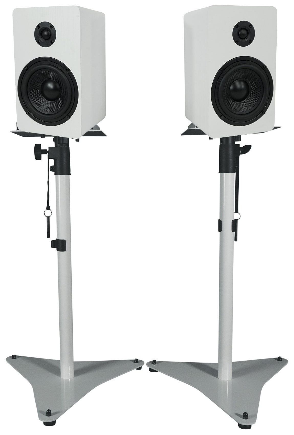 RockShelf 54W 5.25" Home Bookshelf Speakers+White Adjustable Stands