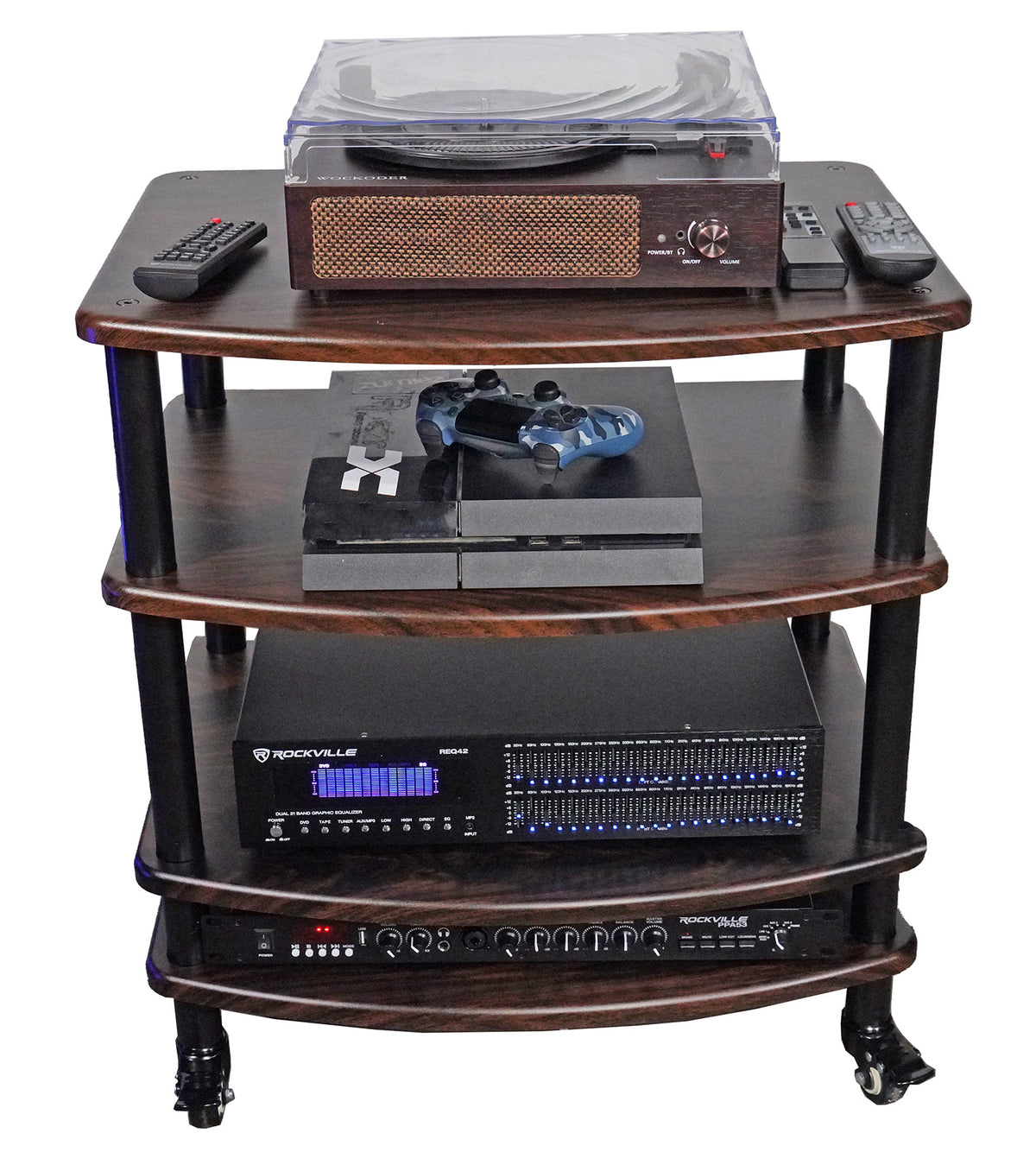 RockShelf 68D Dark Wood 6.5" Bookshelf Speakers+36" Stands+Rack