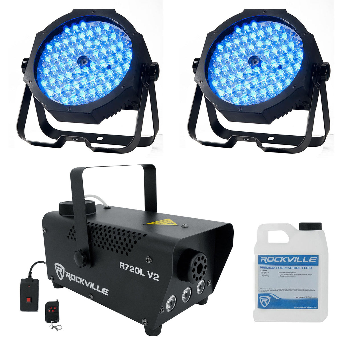 (2) Mega Go Par 64E Battery LED Par Lights & Fog Machine Bundle