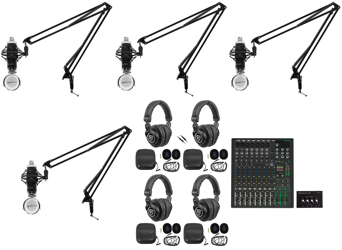 4-Person Podcast Recording Kit with ProFX12v3+ Mixer and Boom Arms
