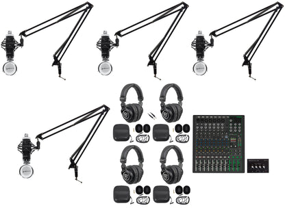 4-Person Podcast Recording Kit with ProFX12v3+ Mixer and Boom Arms