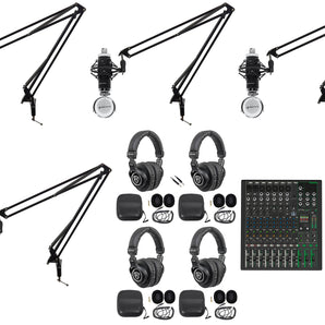 4-Person Podcast Podcasting Recording Kit w/Mackie ProFX12 v3+ Mixer+Boom Arms