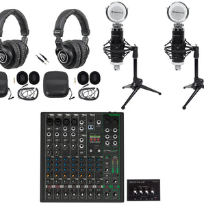 2-Person Podcast Podcasting Recording Kit w/Mackie ProFX10 v3+ Mixer+Desk Stands