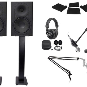 Mackie XR824 8" Powered Studio Monitors+Stands+Pads+Headphones+Mic+Mount+Boom