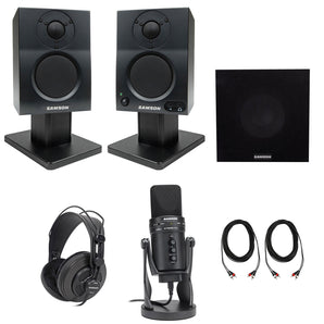 Samson 3" Podcasting Podcast Recording Monitors+Stands+Sub+Headphones+GTrack Mic