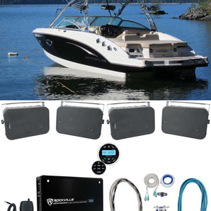 Rockville RGHR2 Marine Boat Receiver w Bluetooth USB+(4) 6.5" Black Box Speakers +Amp