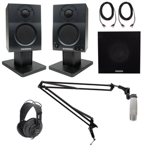 Samson BT3 3" Podcasting Podcast Recording Monitors+Stands+Sub+Headphones+Mic
