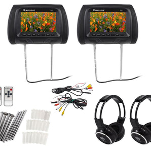 Pair Rockville RHP7-BK 7” Black TFT-LCD Car Headrest Monitors+2 Wireless Headset