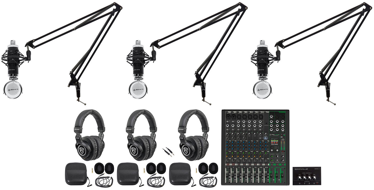 3-Person Podcast Recording Kit with ProFX12v3+ Mixer and Boom Arms