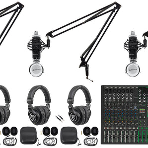 3-Person Podcast Podcasting Recording Kit w/Mackie ProFX12 v3+ Mixer+Boom Arms