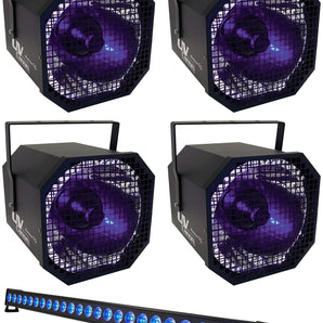 4 American DJ UV Canon 400 Watt Blacklight Light Fixtures+Rechargeable Light Bar