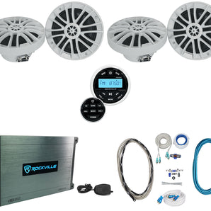 (4) Rockville RM-PREMIUM-65 WHITE 6.5" 600w Marine Boat Speakers+Amp+Receiver