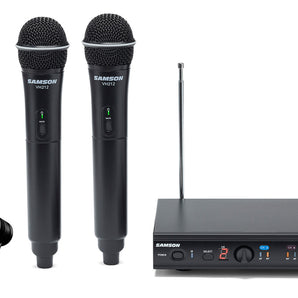 SAMSON Stage 212 Dual VHF Handheld Wireless Microphones w Q6 Mics+Mackie Earbuds