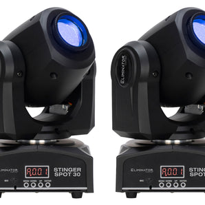 (2) Eliminator Stinger Spot 30 White LED DMX 30 Watt Moving Head Lights ADJ