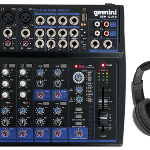 Gemini GEM-12USB 12 Channel Bluetooth Mixer w/USB/EQ/Effects+Samson Headphones