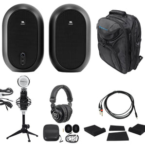 JBL One Series 104 Studio Monitors+Pads+Headphones+Recording Mic+Stand+Backpack