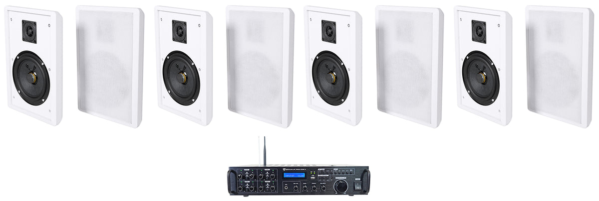Rock Zone 8 Ch. Multi Room Home Receiver+(8) White Slim Wall Speakers