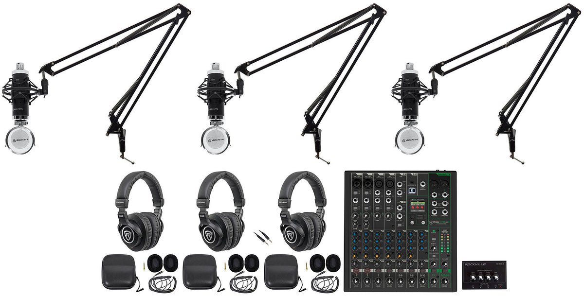 3-Person Podcast Recording Kit with ProFX10v3+ Mixer and Boom Arms