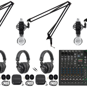 3-Person Podcast Podcasting Recording Kit w/Mackie ProFX10 v3+ Mixer+Boom Arms