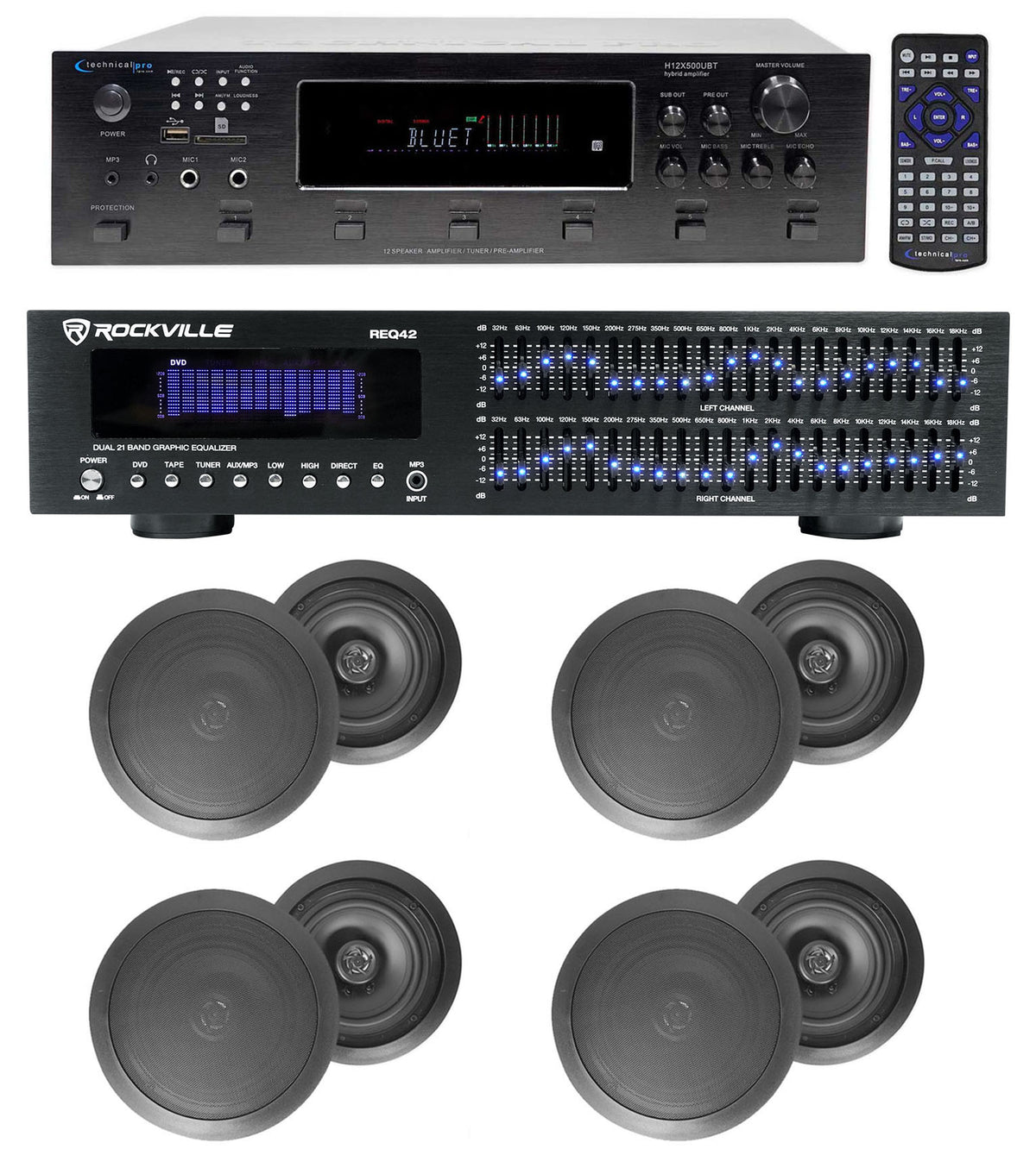 6-Zone Receiver with (4) Pairs of Black 8" In-Ceiling Speakers, Home Package
