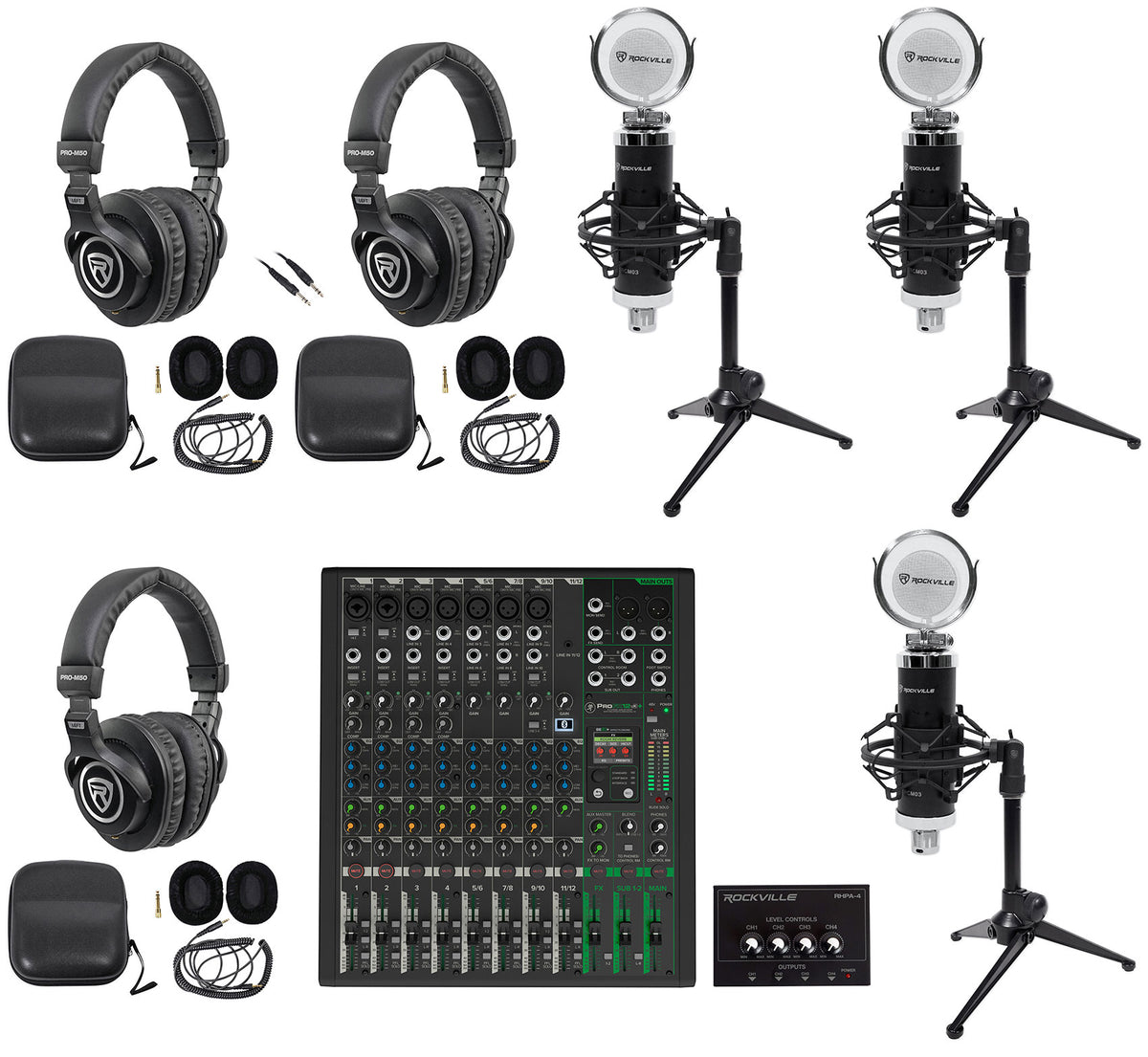 3-Person Podcast Recording Kit with ProFX12v3+ Mixer and Desk Stands