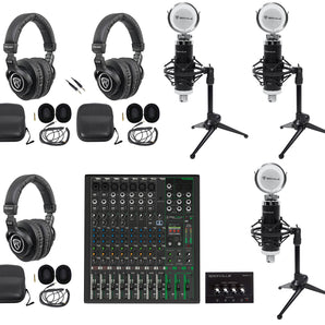 3-Person Podcast Podcasting Recording Kit w/Mackie ProFX12 v3+ Mixer+Desk Stands