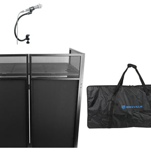 Rockville ROCKBOOTH DJ Booth Event Facade w/Table+Bag+Scrims+Gooseneck Mic Stand