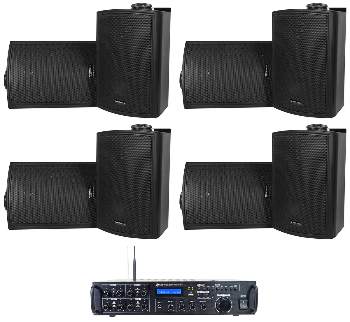 Rock Zone 8 Ch. Multi Room Home Receiver+8) Black 5.25" Wall Speakers