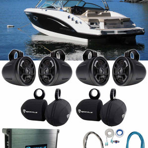 4) Hifonics TPS-CMS65 6.5" 300w Wakeboard Tower Marine Speakers+Covers+Amplifier
