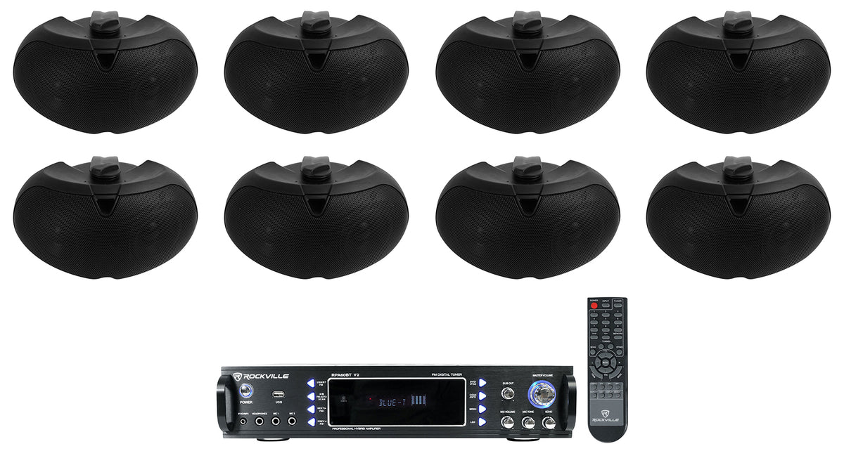 (8) D4-16 Black Dual 4" 16 Ohm Outdoor Home Patio Speakers+Receiver