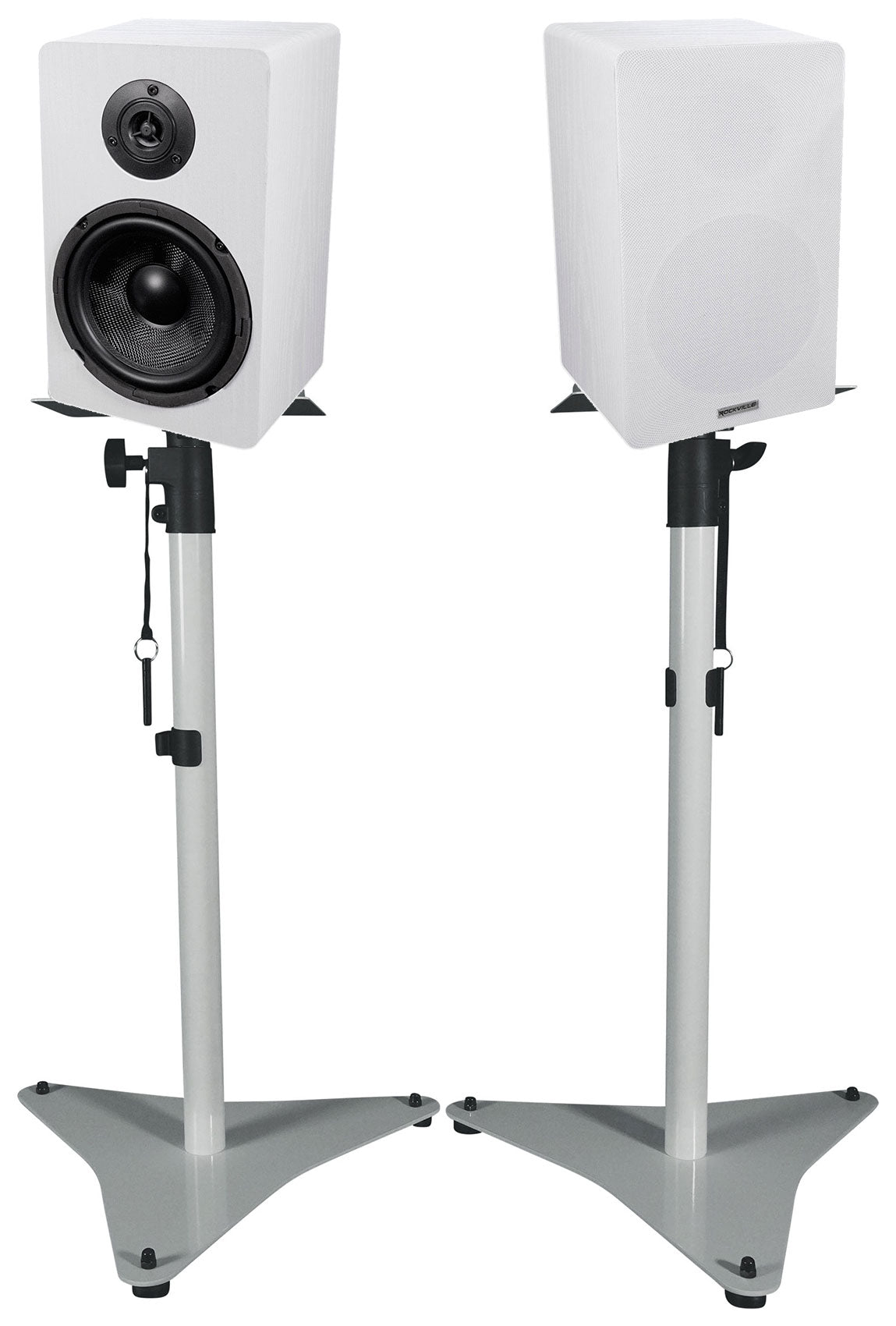 RockShelf 68W 6.5" Home Bookshelf Speakers + White Adjustable Stands