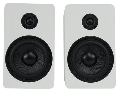 RockShelf 54W 5.25" Home Bookshelf Speakers+White Adjustable Stands