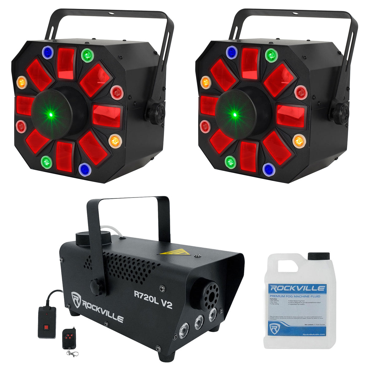 (2) Furious Three RG Effect Lights & LED Fog Machine Bundle