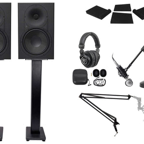 2) Mackie XR824 8" Powered Studio Monitors+Stands+Pads+Headphones+Mic+Mount+Boom
