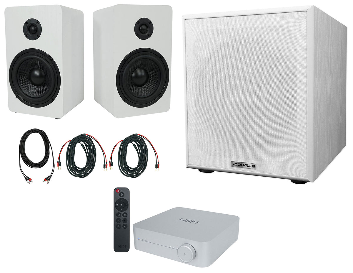 2) Rockville RockShelf 58W 5.25" White Bookshelf Speakers+Bluetooth/Wifi Amp+Sub