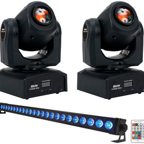 (2) American DJ ADJ STINGER SPOT DMX Moving Head Lights+Rechargeable Light Bar