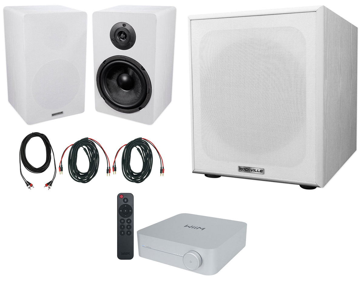 (2) Rockville RockShelf 68W 6.5" White Bookshelf Speakers+Bluetooth/Wifi Amp+Sub