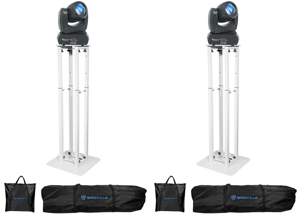 (2) Rock Beam DC Moving Head Lights+8 ft White Totem Stands